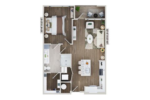 Floor plan for 1 bed, 1 bath, 718 sqft